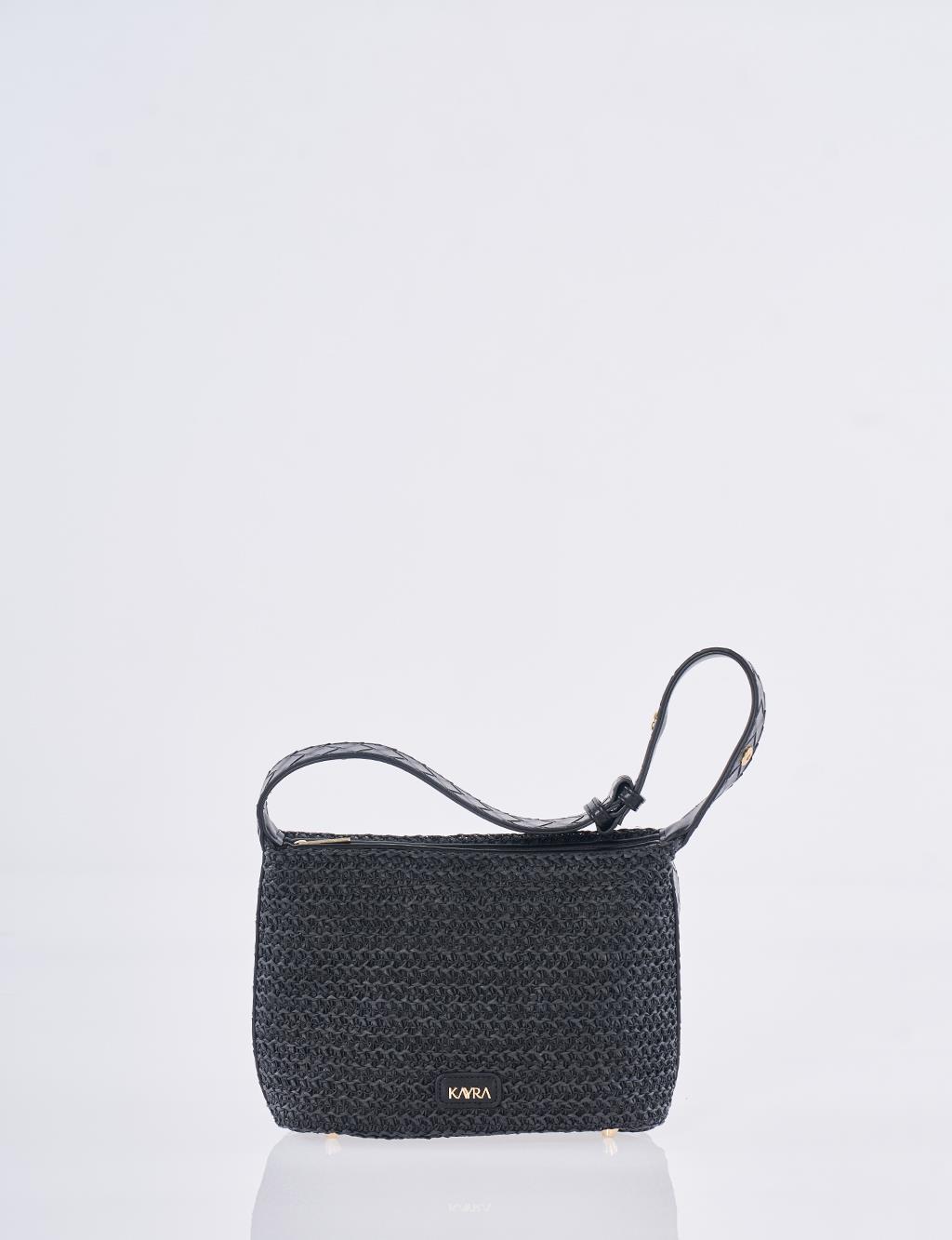 Straw Bag with Leather Trim - Black