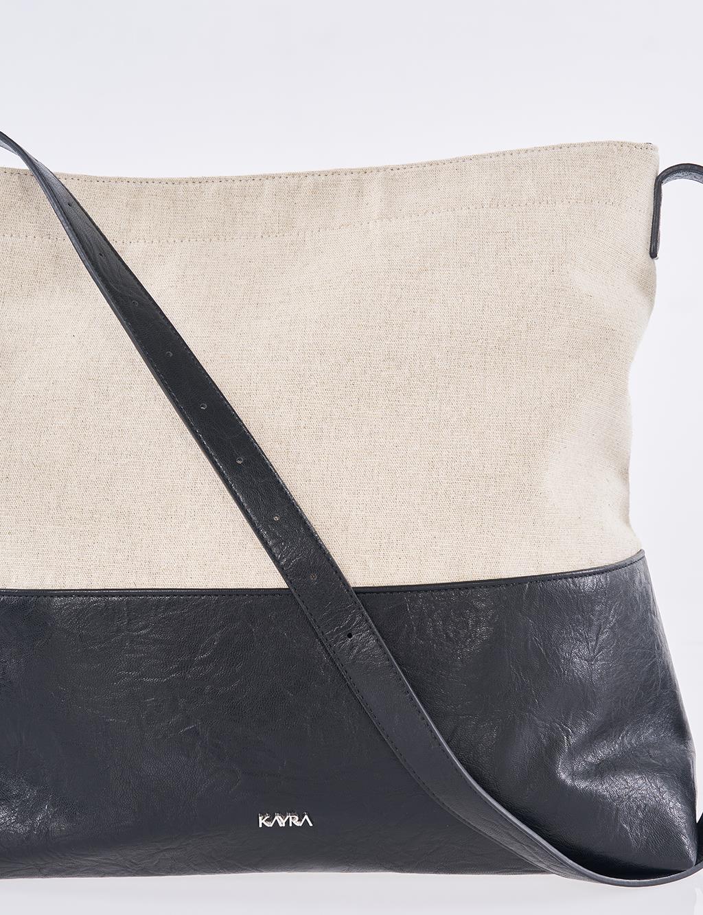 Leather-Trimmed Shopper Bag - Black