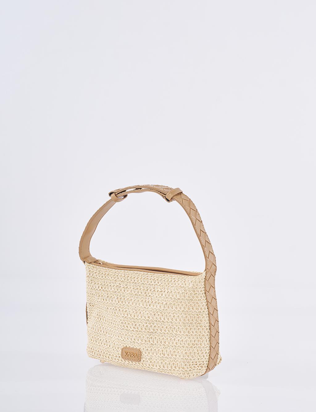 Straw Bag with Leather Trim - Cream