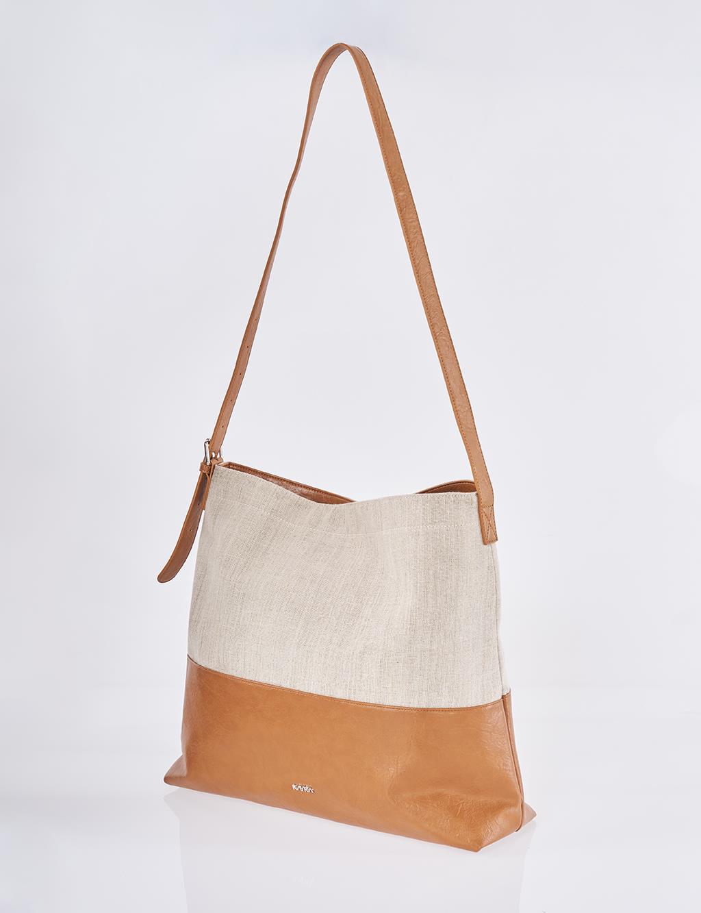 Leather-Trimmed Shopper Bag - Brown