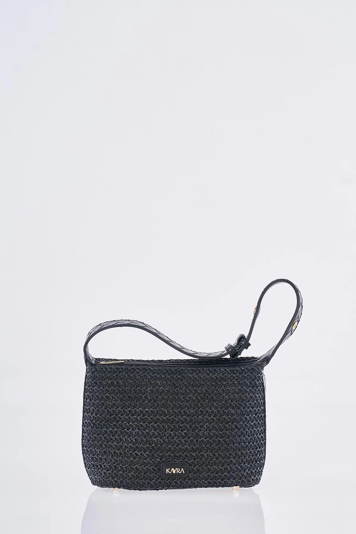 Straw Bag with Leather Trim - Black