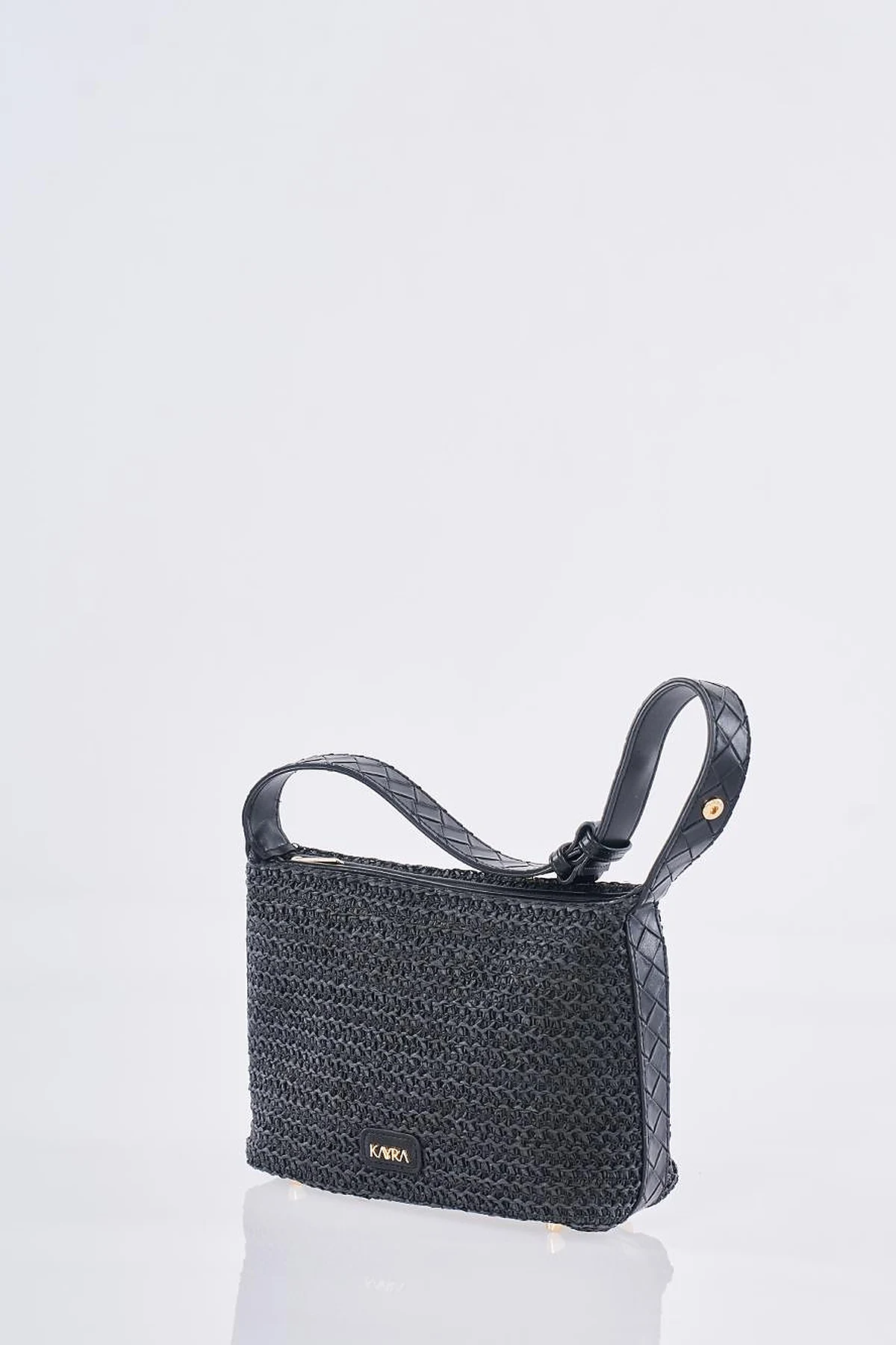 Straw Bag with Leather Trim - Black