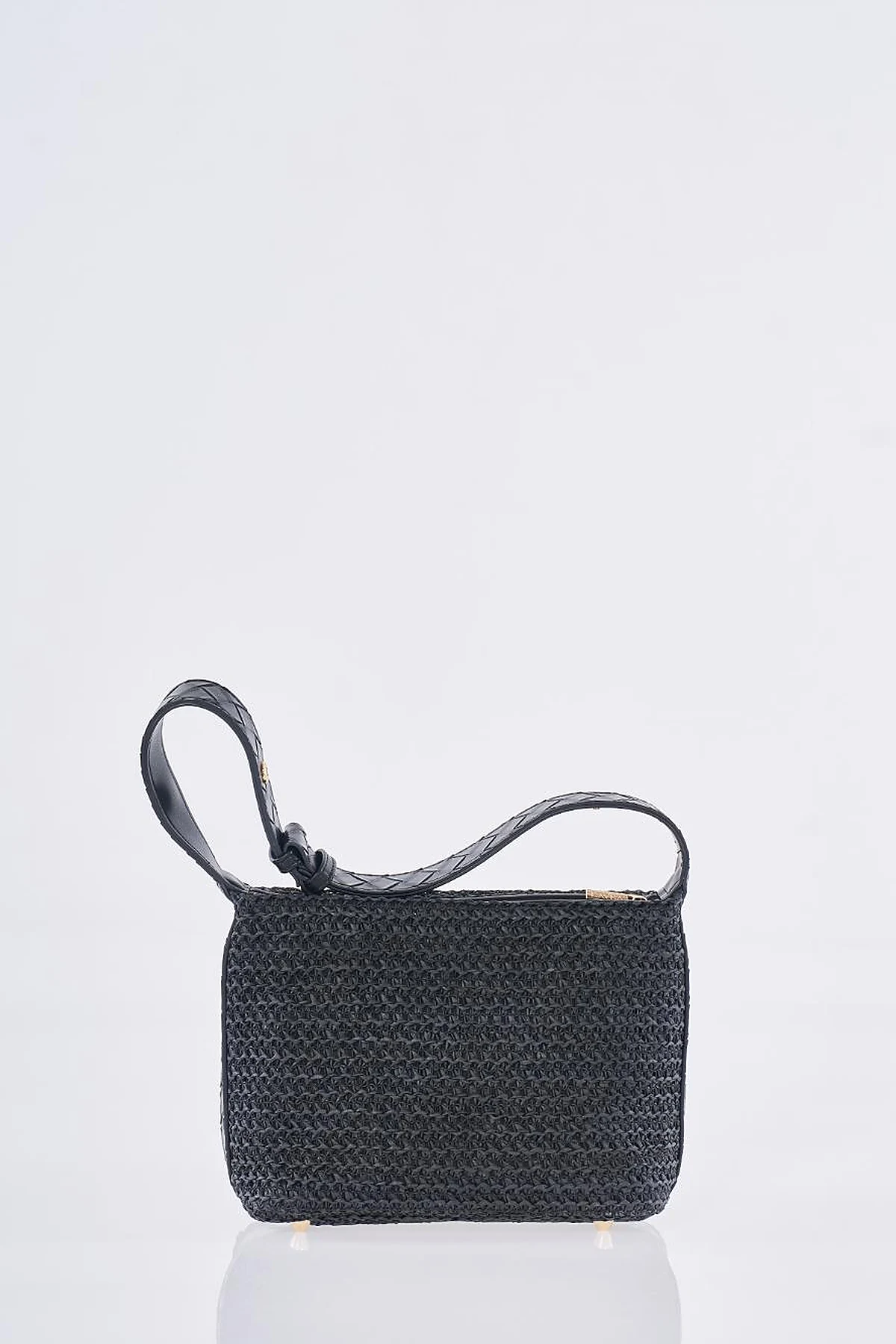Straw Bag with Leather Trim - Black