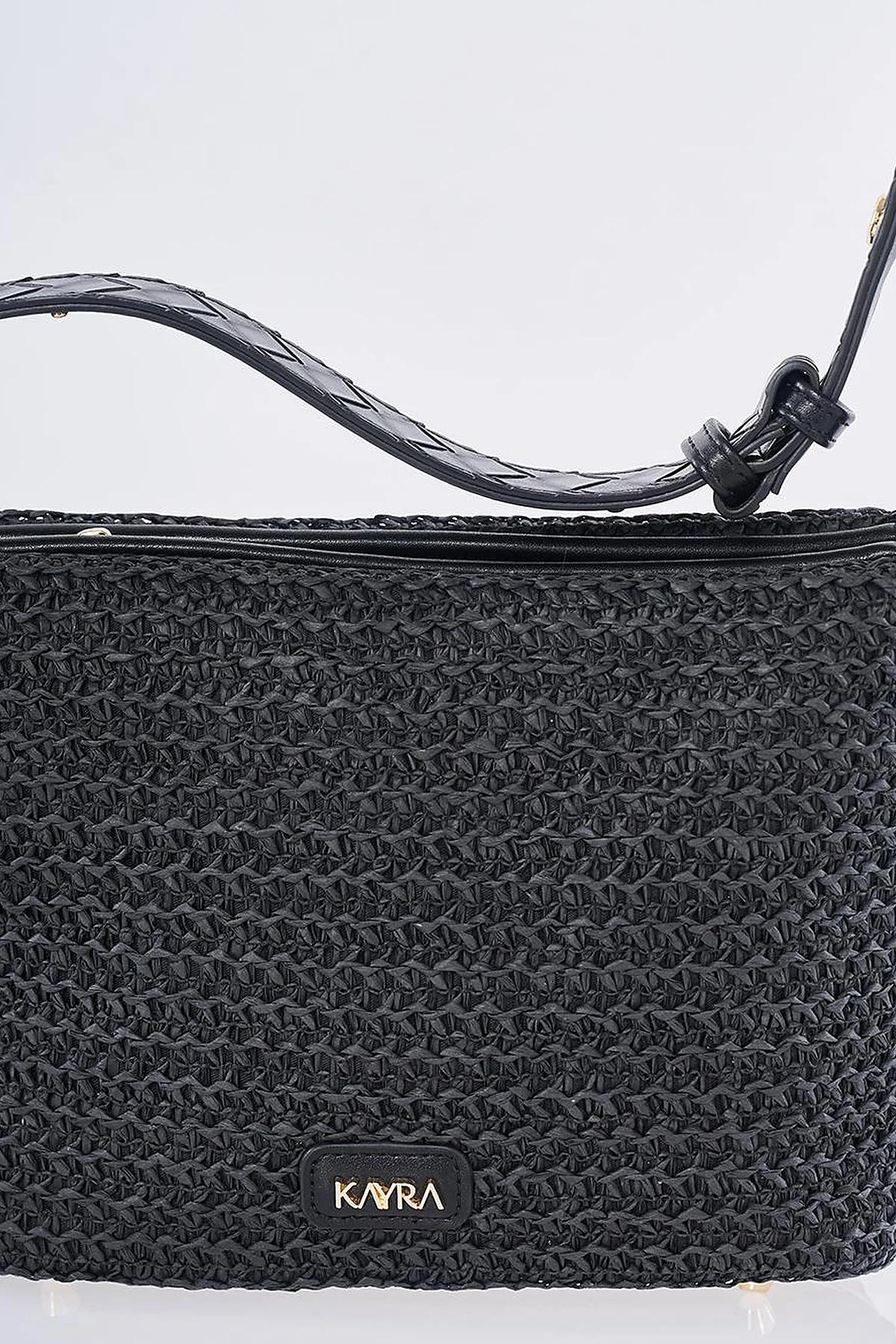 Straw Bag with Leather Trim - Black