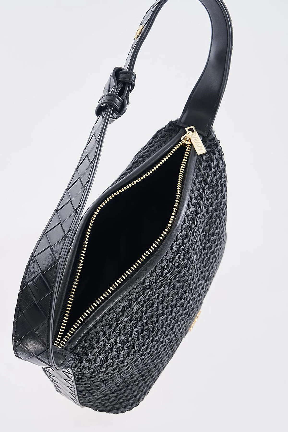 Straw Bag with Leather Trim - Black