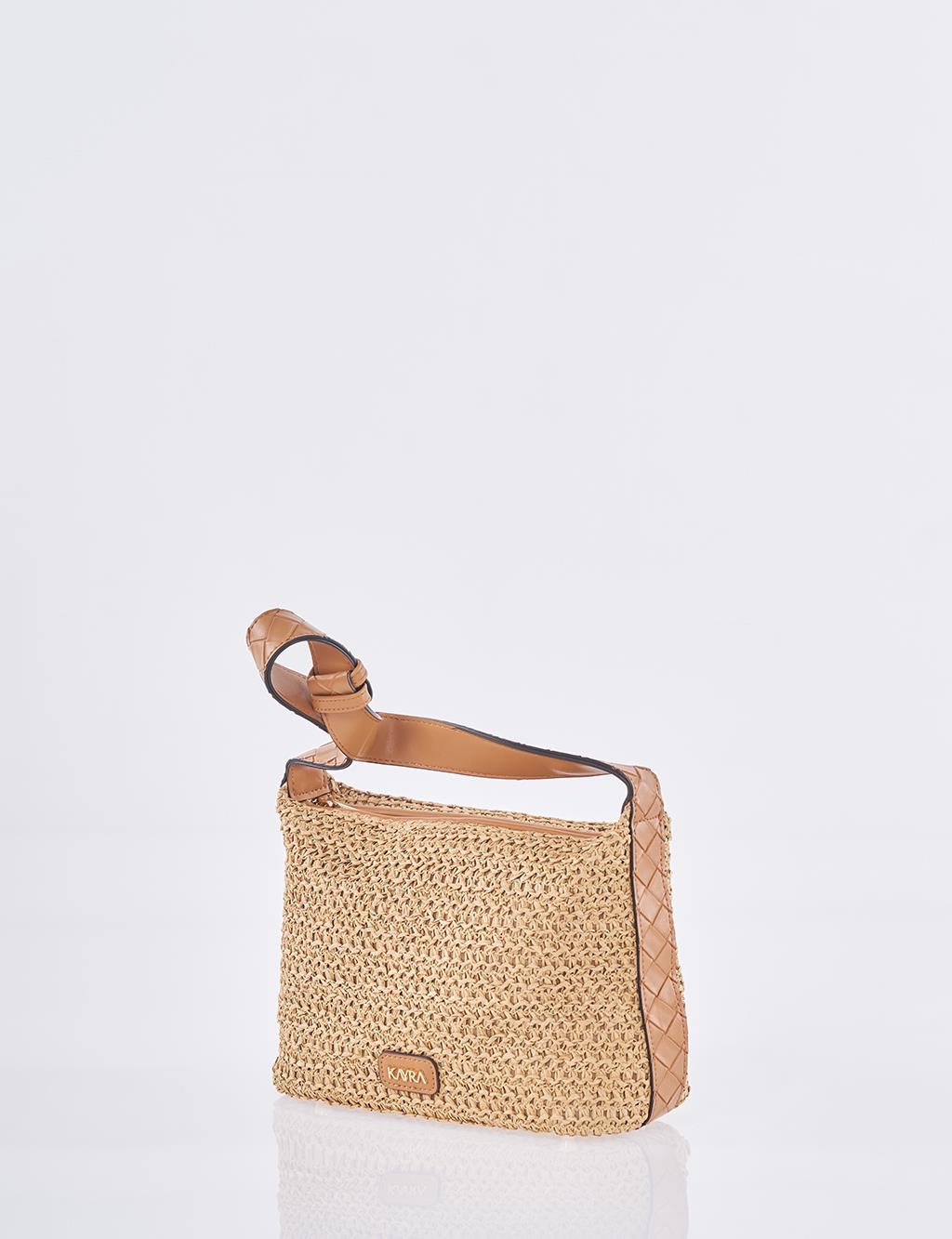 Straw Bag with Leather Trim - Tan