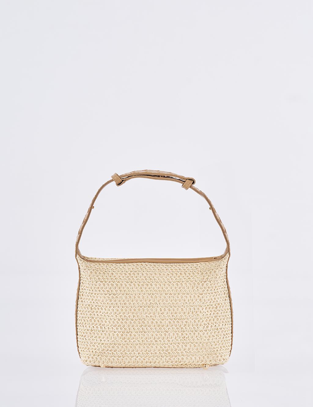 Straw Bag with Leather Trim - Cream