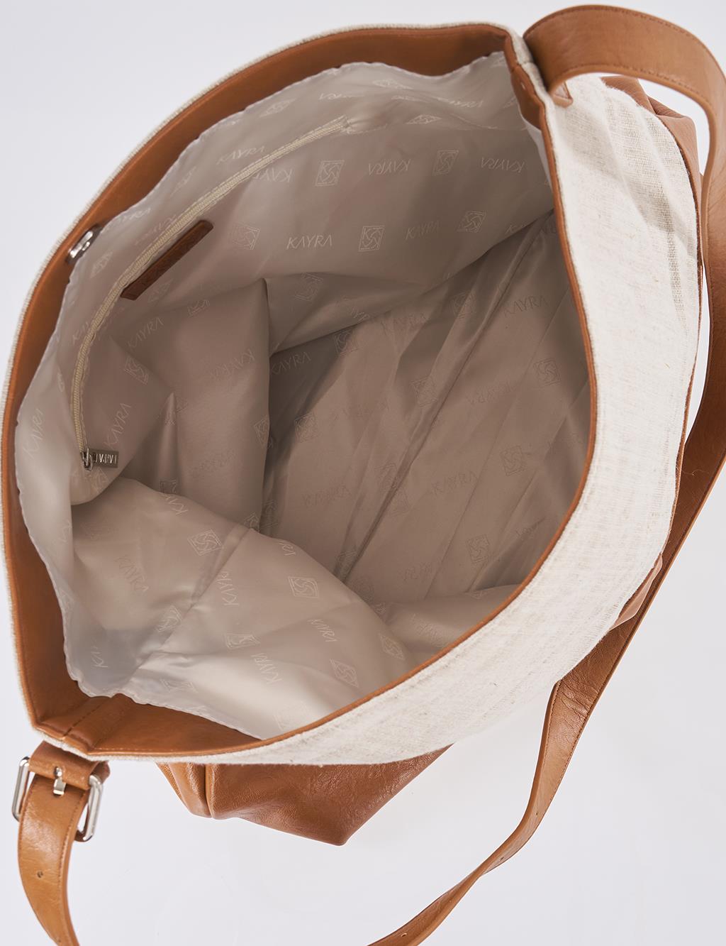 Leather-Trimmed Shopper Bag - Brown