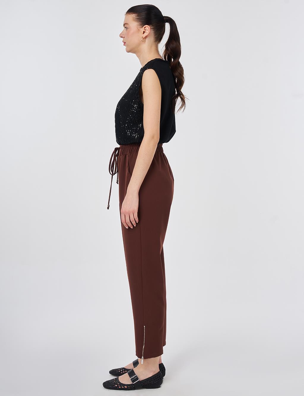 Zippered Hem Straight-Leg Pants Chocolate