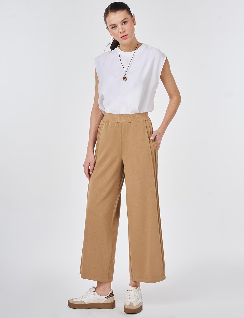 Elastic Waist Relaxed Fit Pants Beige