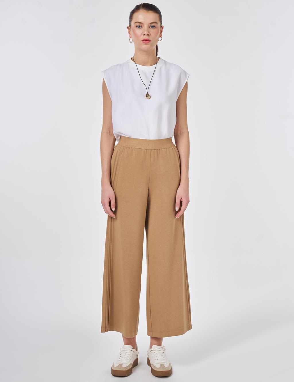 Elastic Waist Relaxed Fit Pants Beige