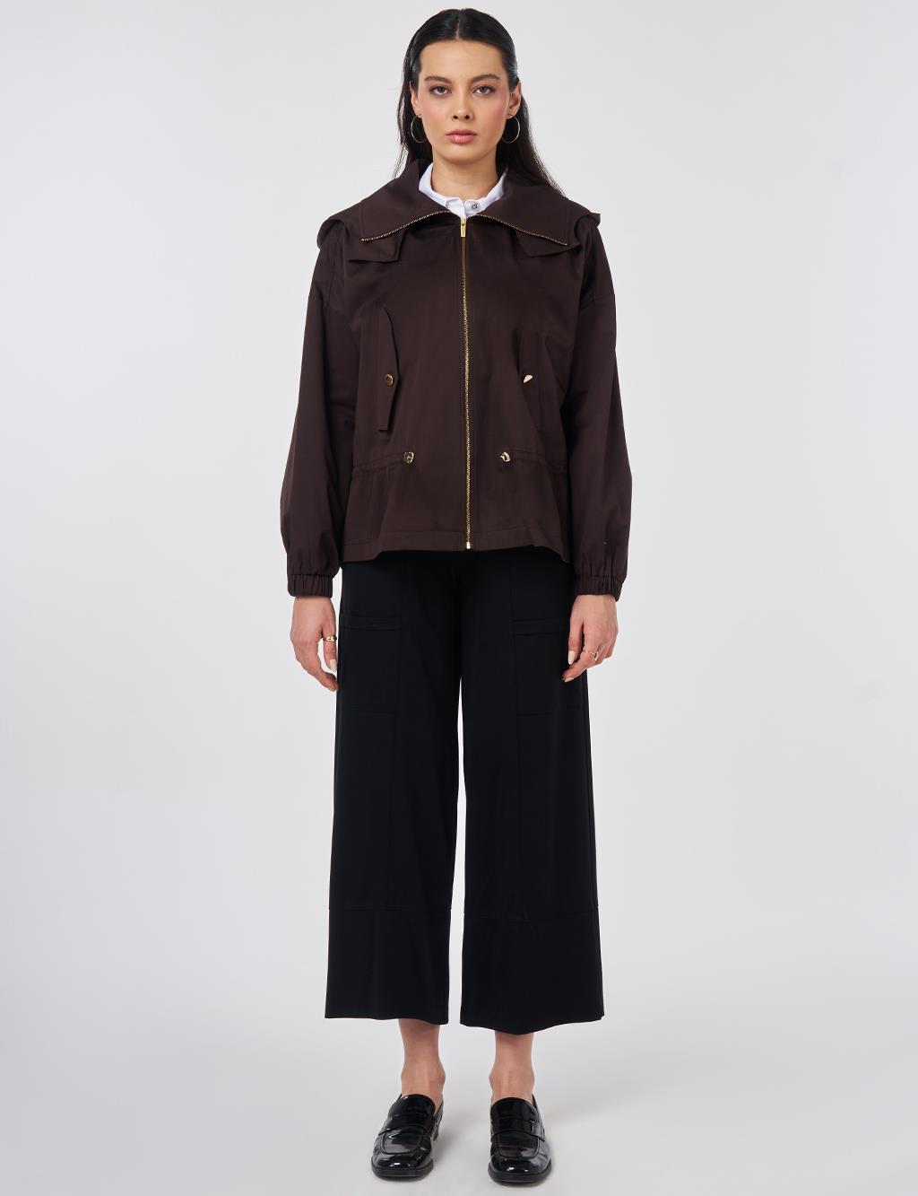 Detachable Hooded Short Jacket Dark Brown