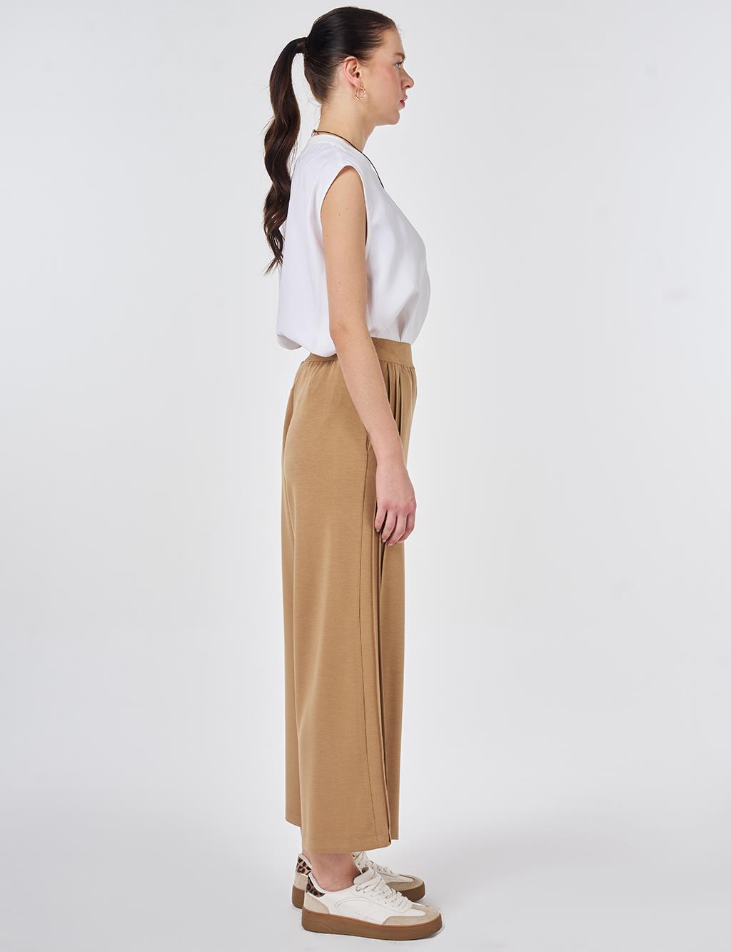 Elastic Waist Relaxed Fit Pants Beige