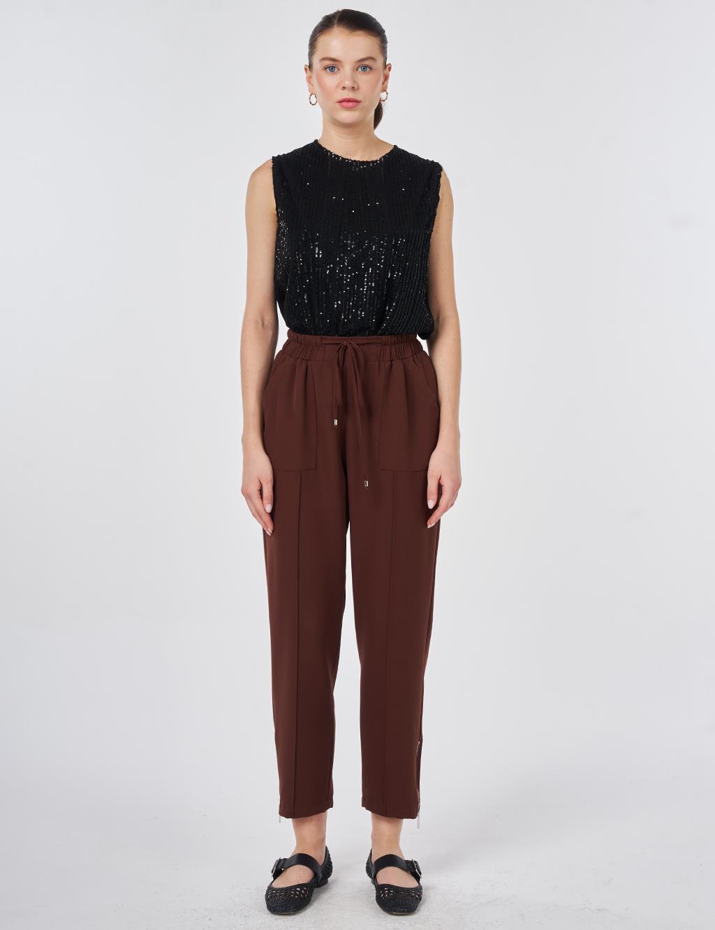 Zippered Hem Straight-Leg Pants Chocolate