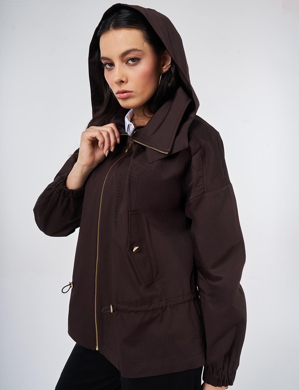 Detachable Hooded Short Jacket Dark Brown
