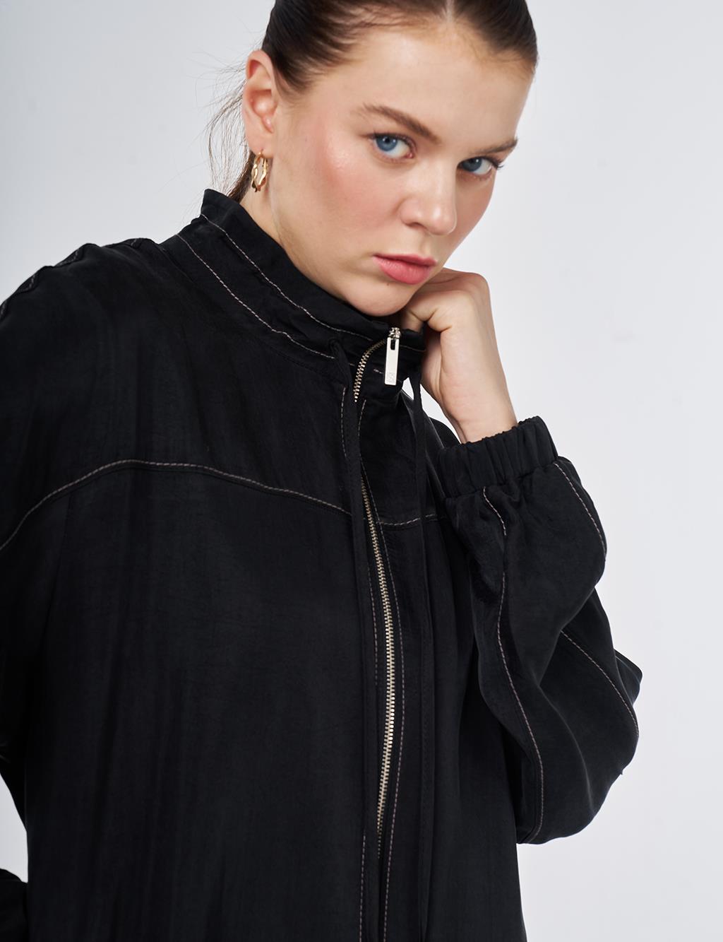 100% Lyocell High Collar Throw-On Black