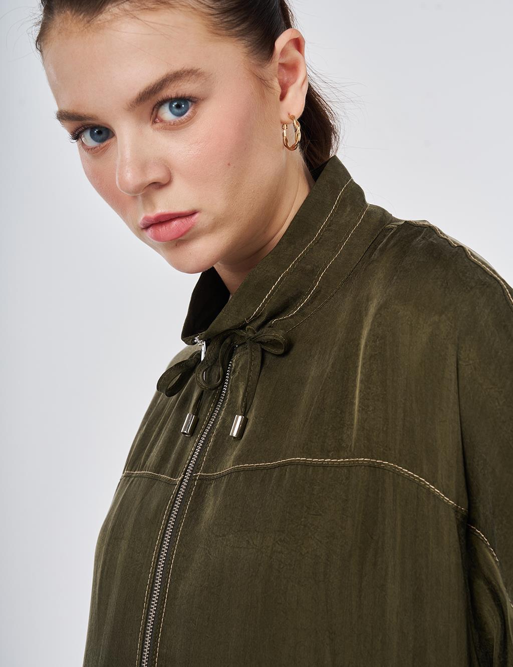 100% Lyocell High Collar Throw-On Dark Khaki