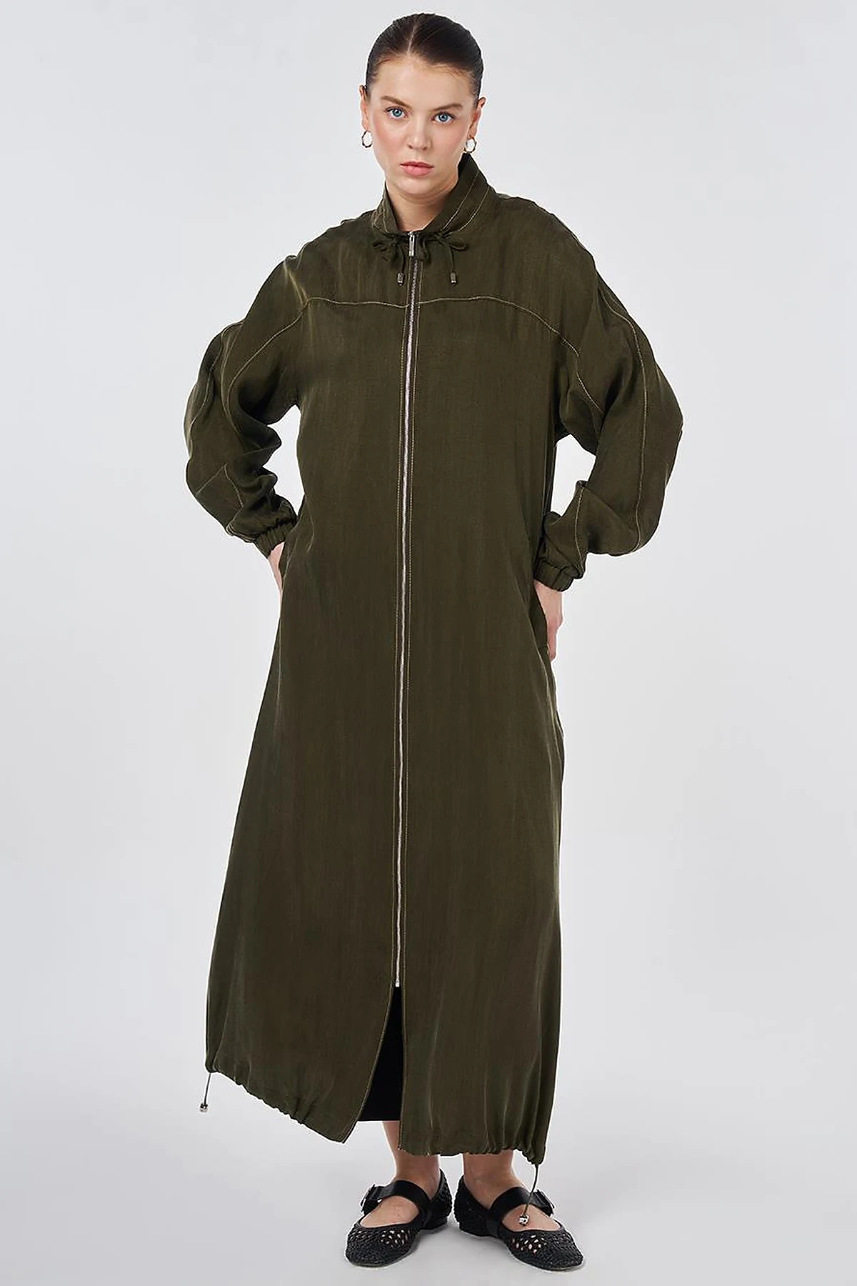 100% Lyocell High Collar Throw-On Dark Khaki
