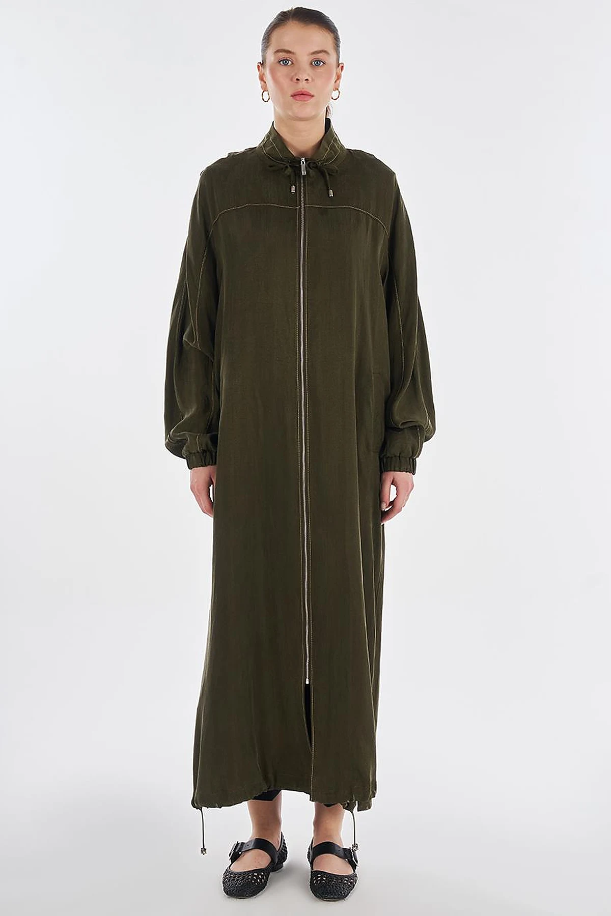 100% Lyocell High Collar Throw-On Dark Khaki