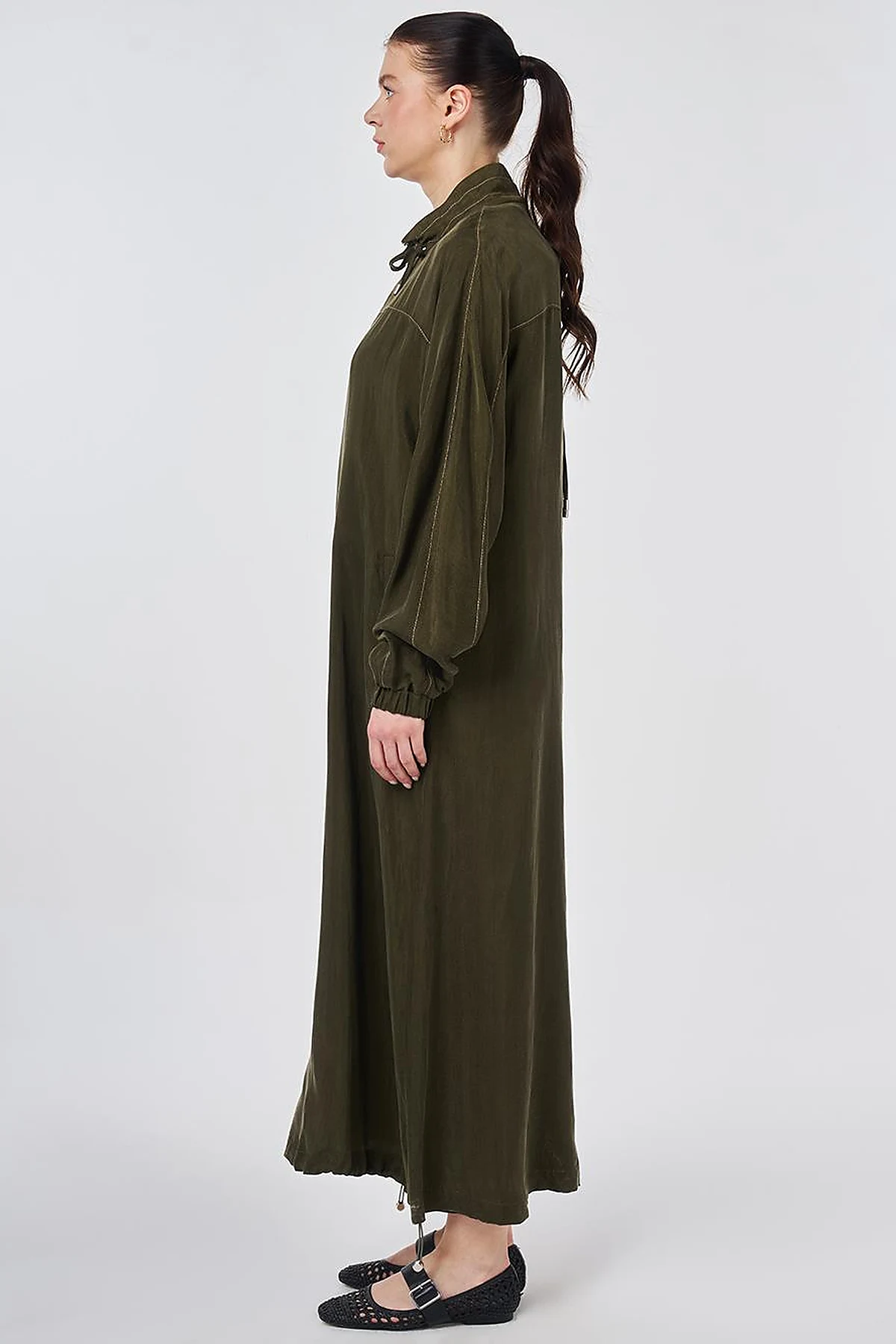 100% Lyocell High Collar Throw-On Dark Khaki