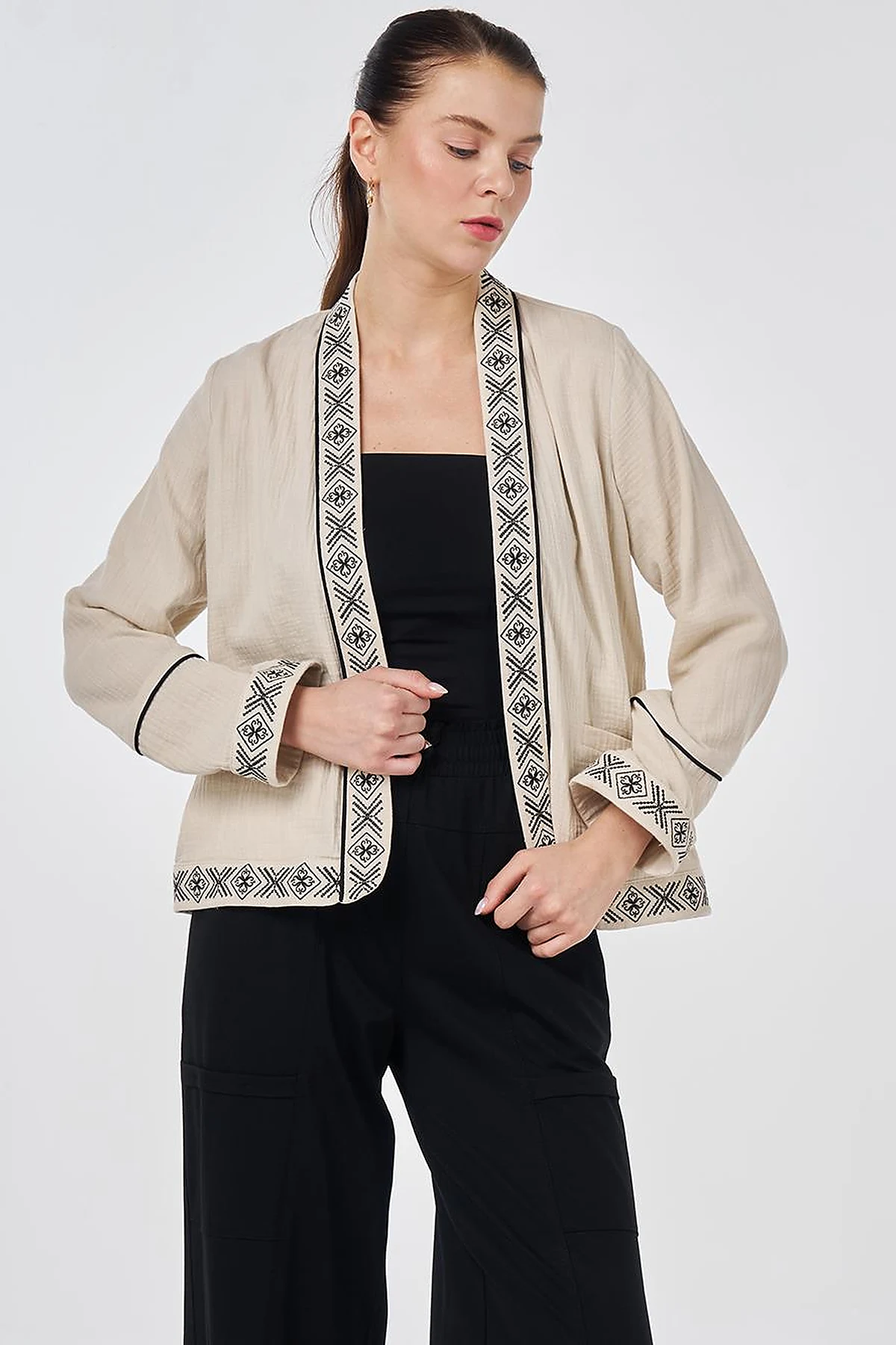 100% Cotton Ethnic Pattern Kimono with Stone