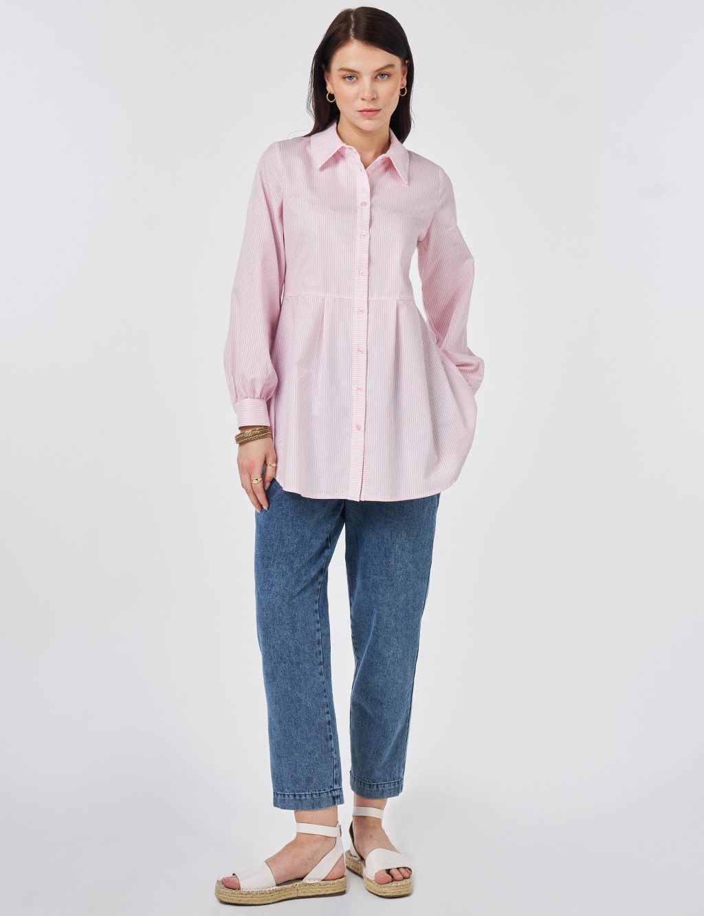 Pile Detaylı Pamuklu Tunik Şeker Pembe