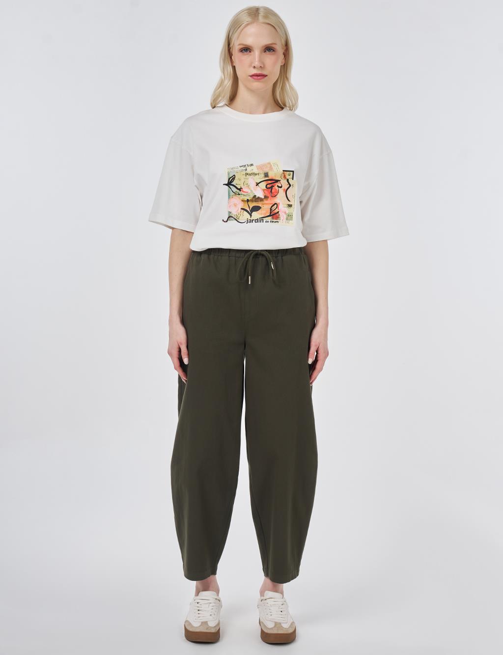 Elastic Waist Carrot Fit Trousers Dark Brown