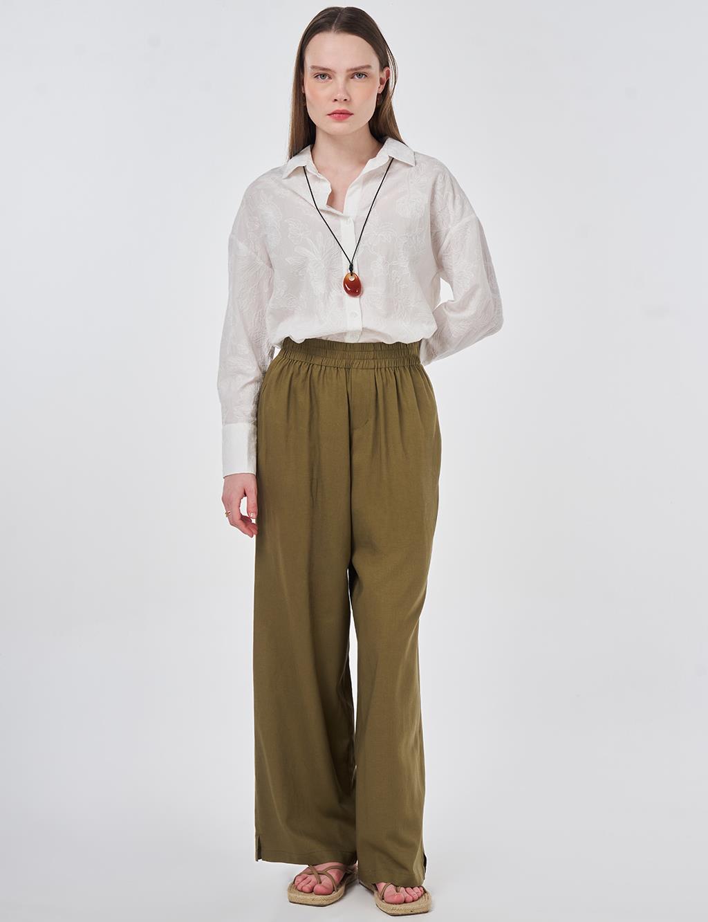 Elastic Waist Linen Trousers Khaki