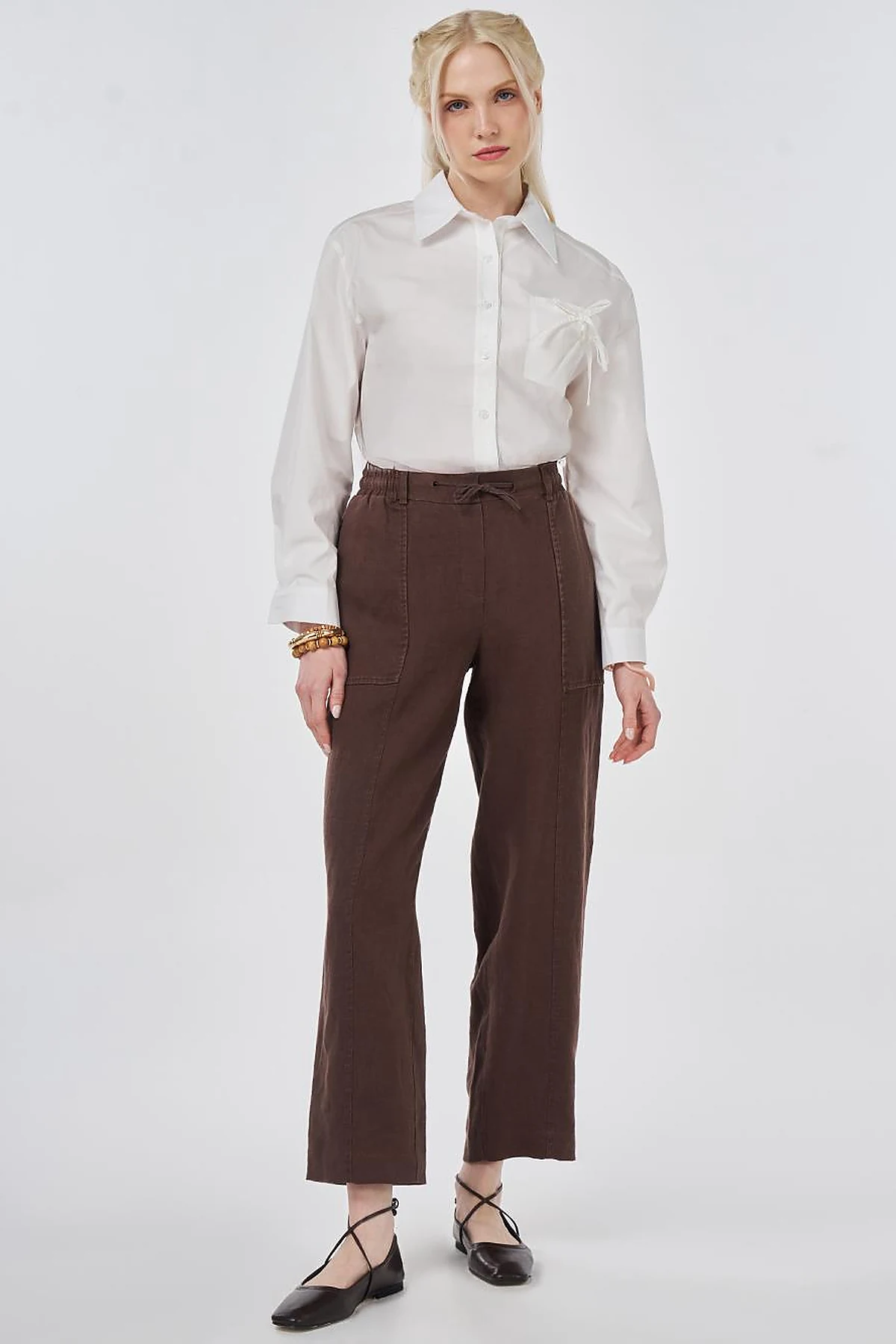 100% Linen Panel-Seamed Trousers Chocolate