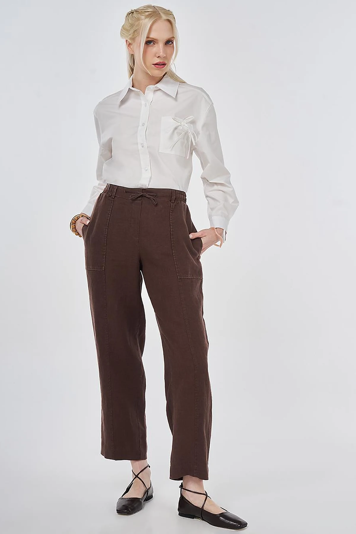 100% Linen Panel-Seamed Trousers Chocolate