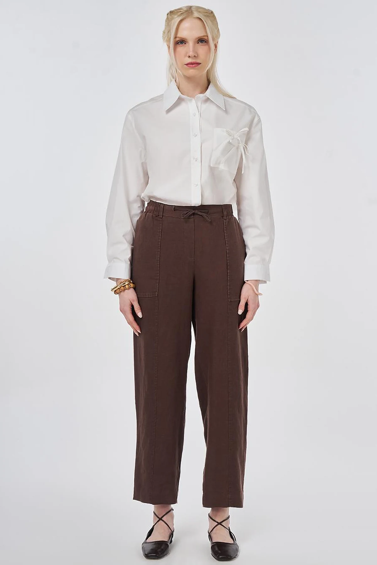 100% Linen Panel-Seamed Trousers Chocolate