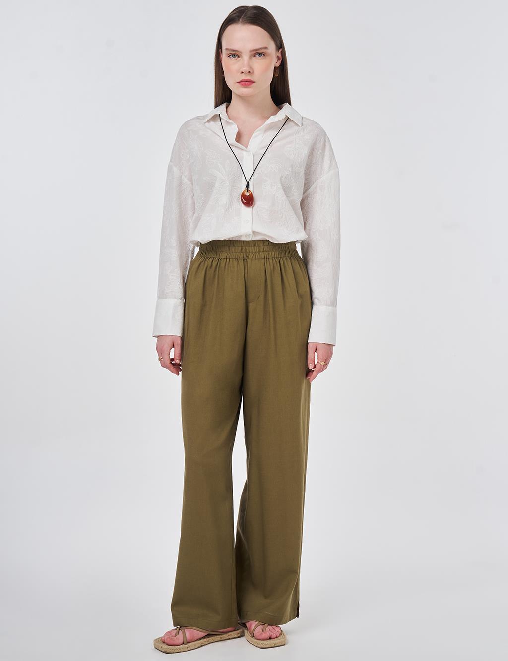 Elastic Waist Linen Trousers Khaki