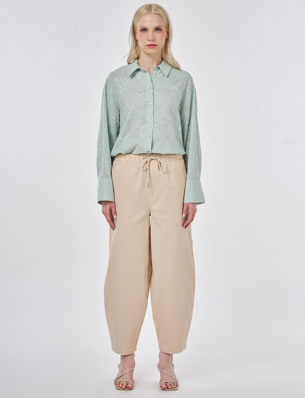 Elastic Waist Carrot Fit Trousers Beige
