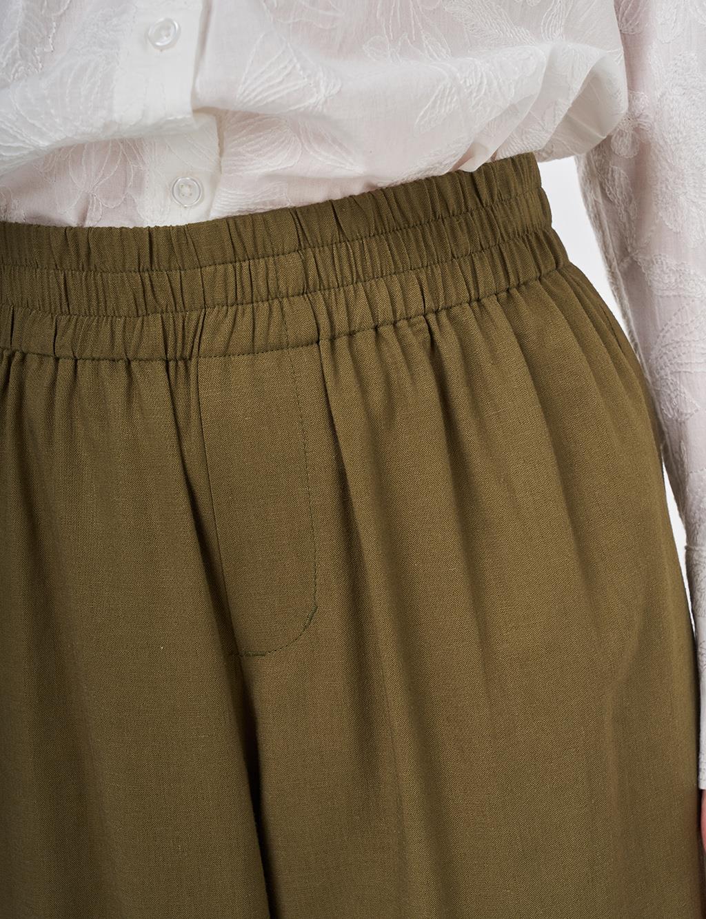 Elastic Waist Linen Trousers Khaki