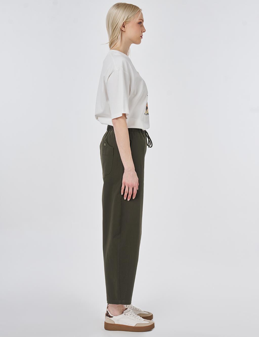 Elastic Waist Carrot Fit Trousers Dark Brown