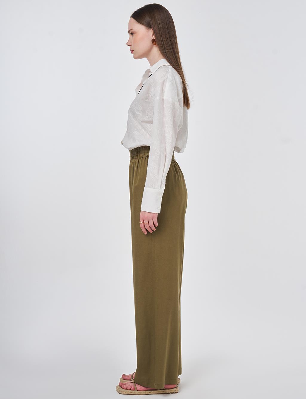 Elastic Waist Linen Trousers Khaki