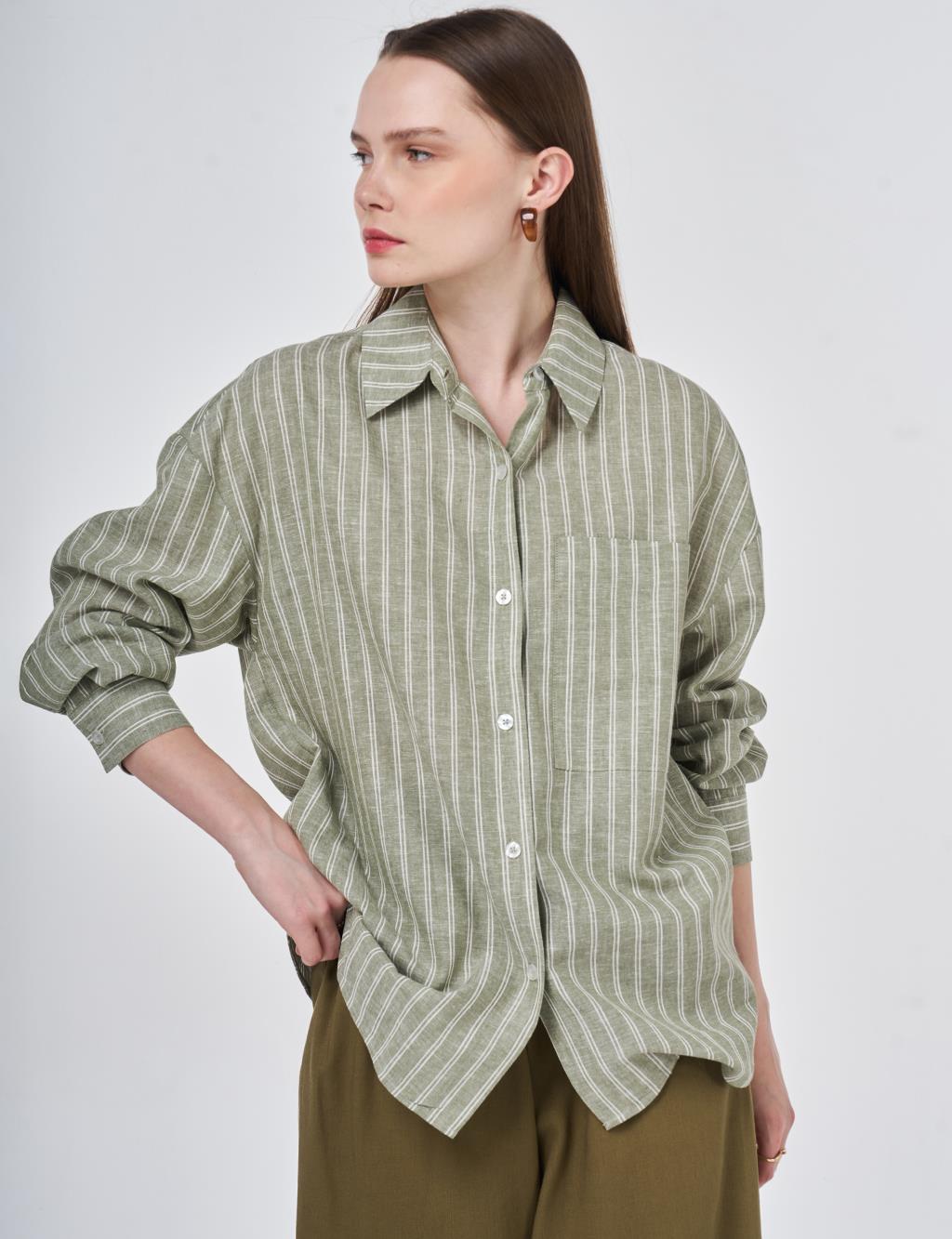 Single-Pocket Cotton Linen Tunic Khaki
