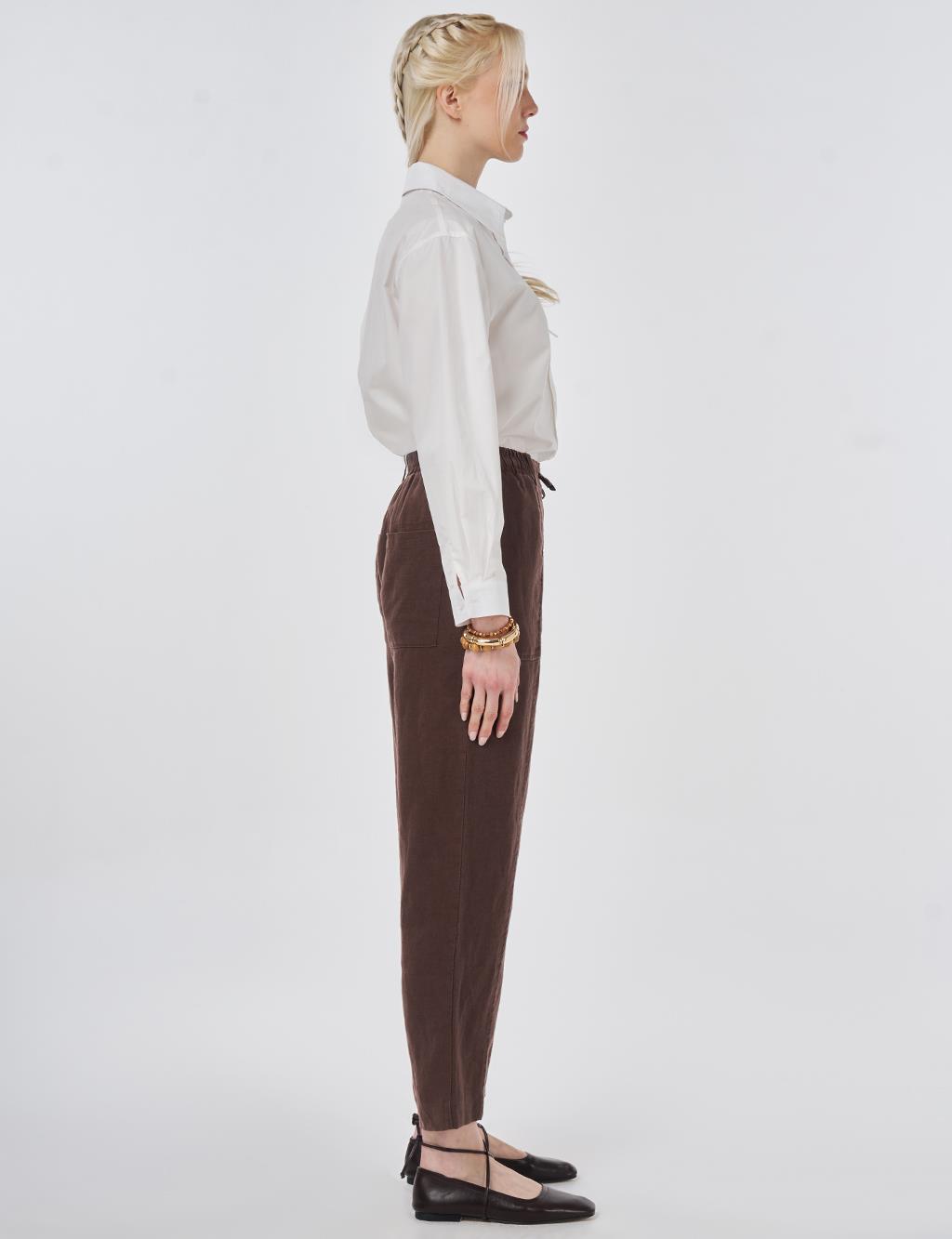 100% Linen Panel-Seamed Trousers Chocolate