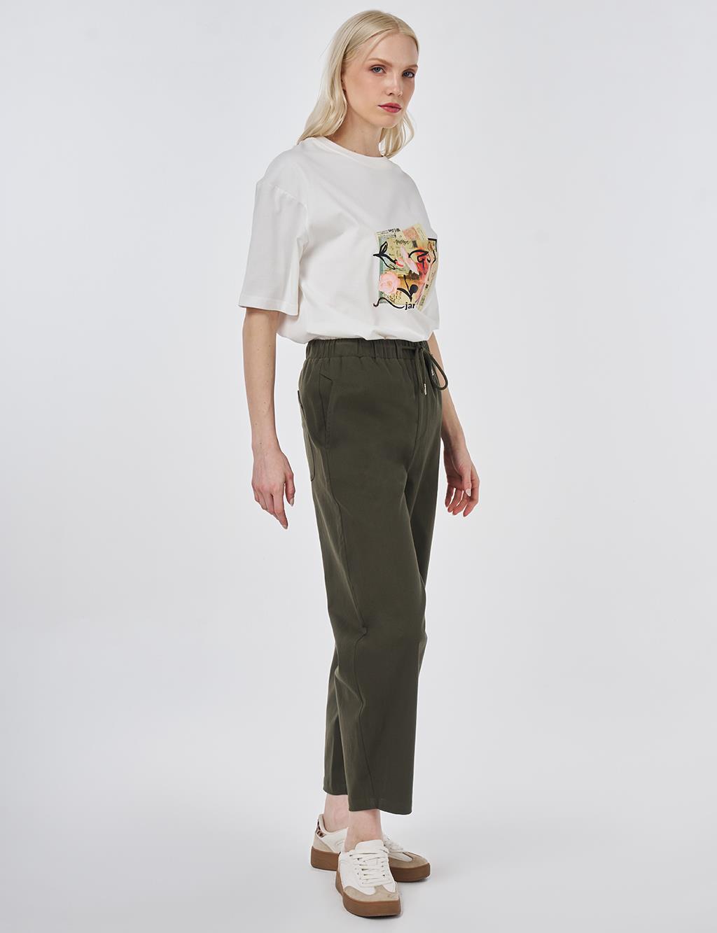 Elastic Waist Carrot Fit Trousers Dark Brown