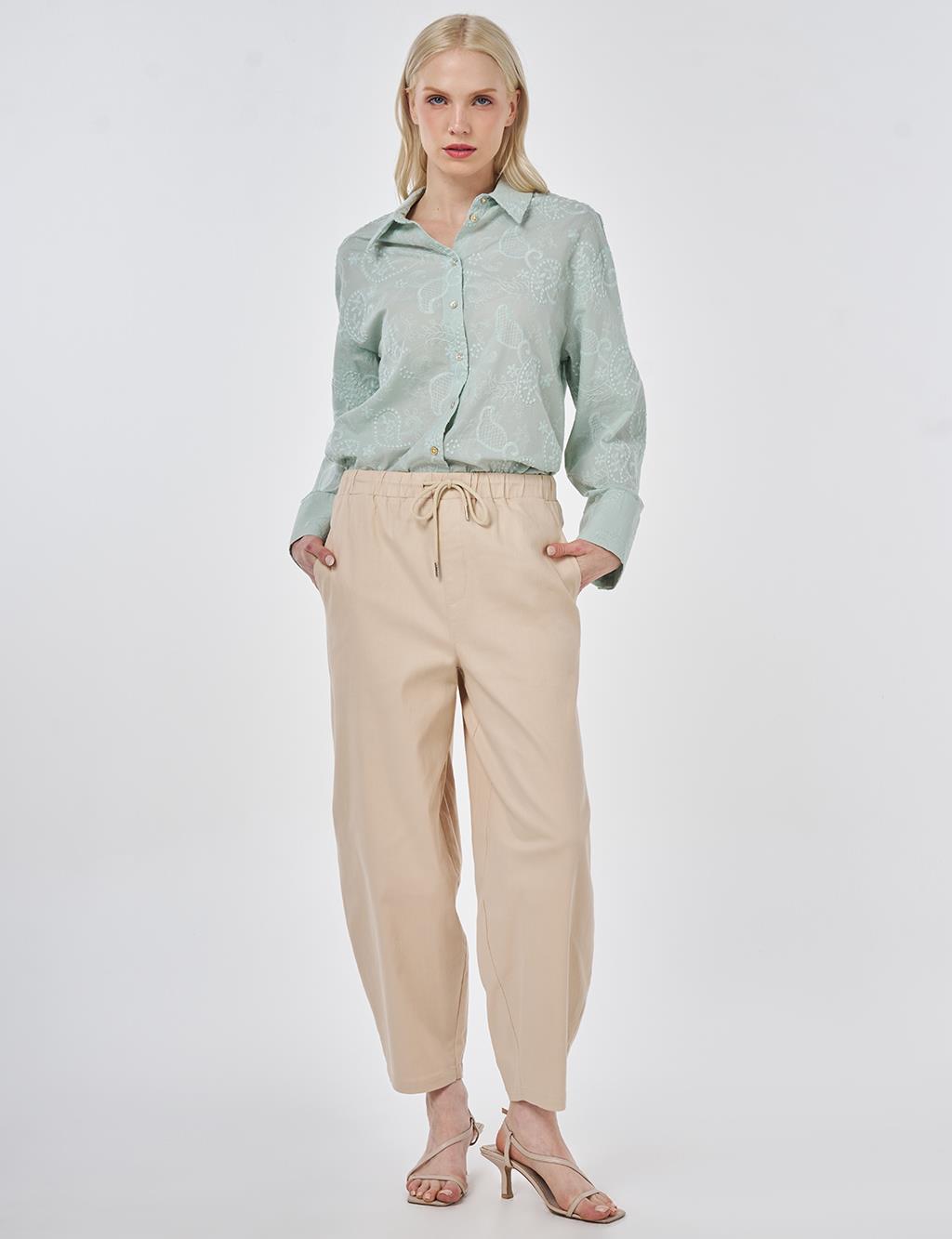 Elastic Waist Carrot Fit Trousers Beige