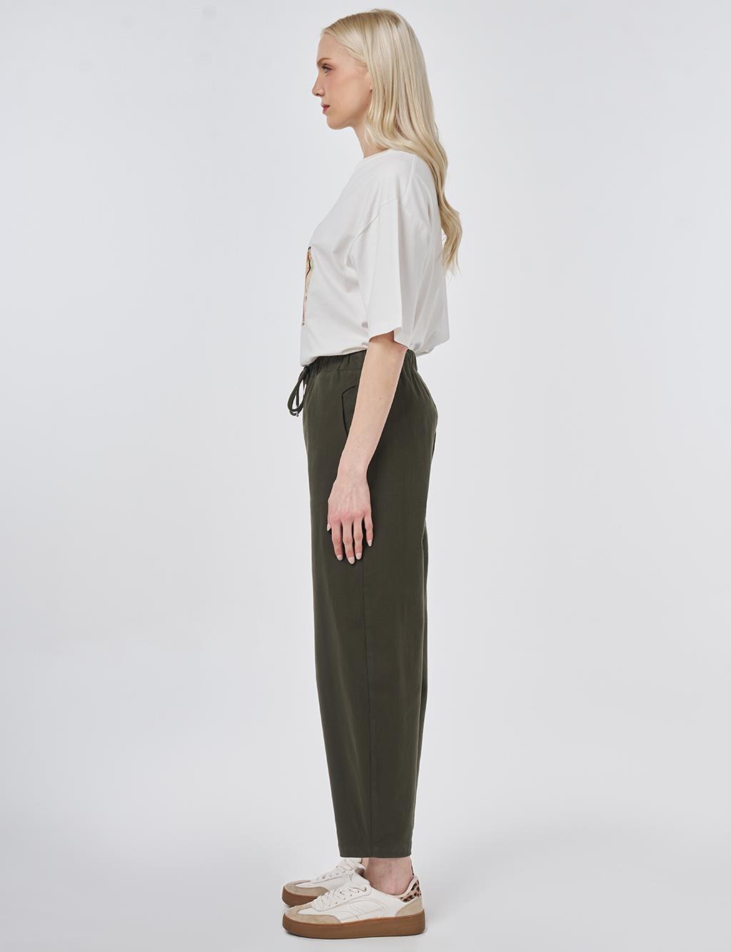 Elastic Waist Carrot Fit Trousers Dark Brown