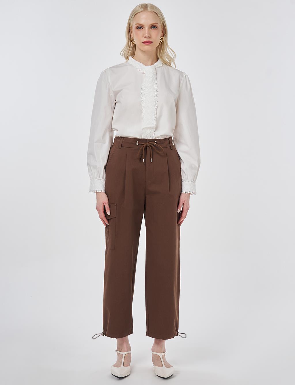 High-Waist Cargo Pocket Trousers Dark Brown