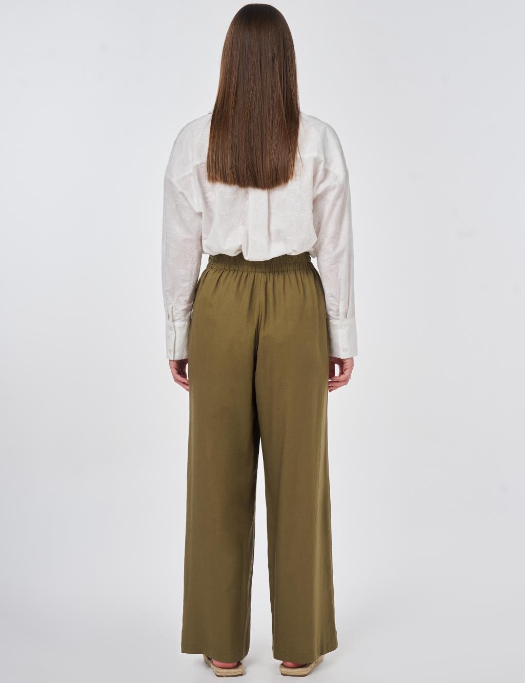 Elastic Waist Linen Trousers Khaki
