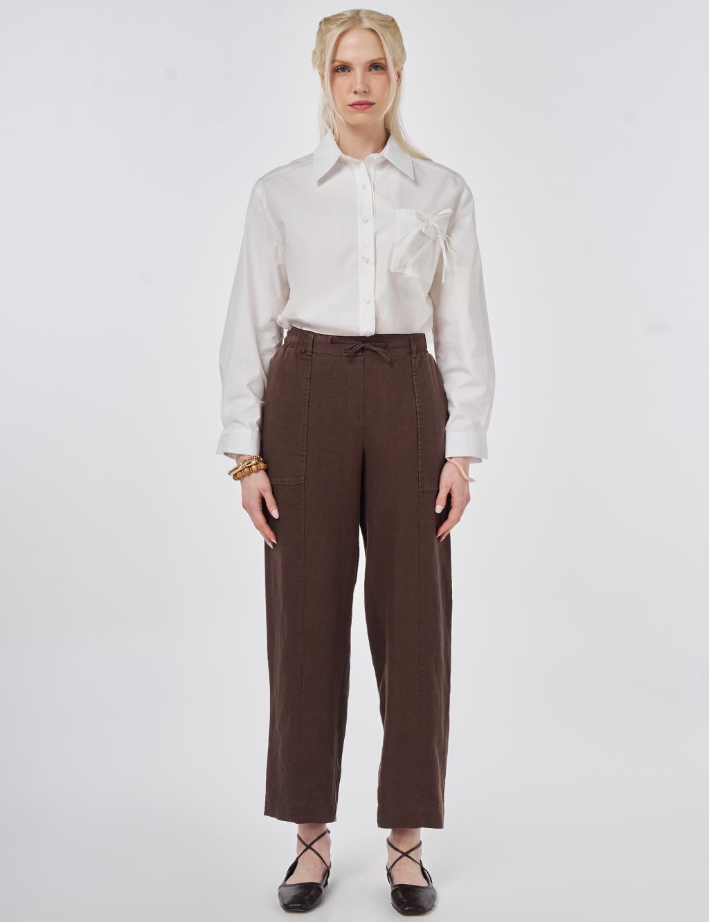 100% Linen Panel-Seamed Trousers Chocolate