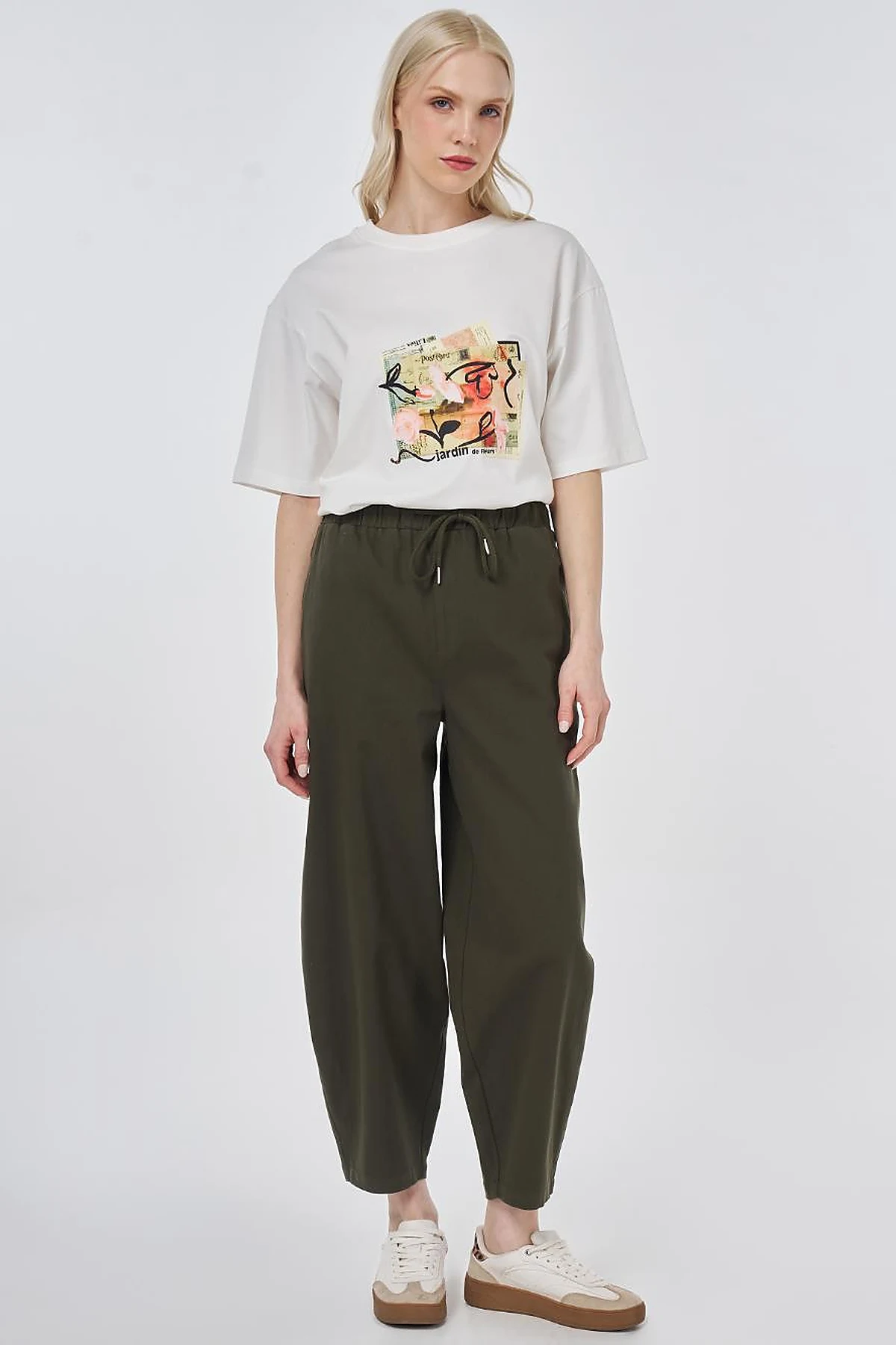 Elastic Waist Carrot Fit Trousers Dark Khaki