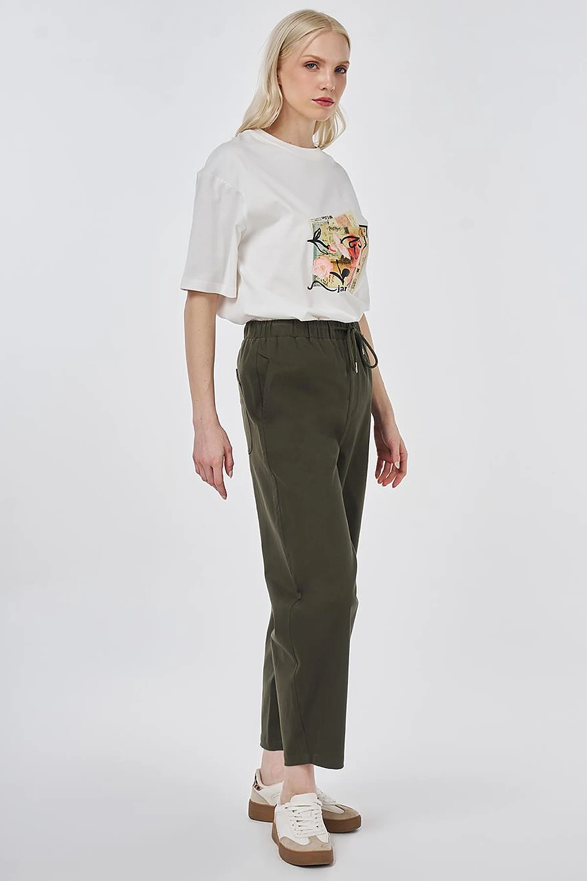 Elastic Waist Carrot Fit Trousers Dark Khaki