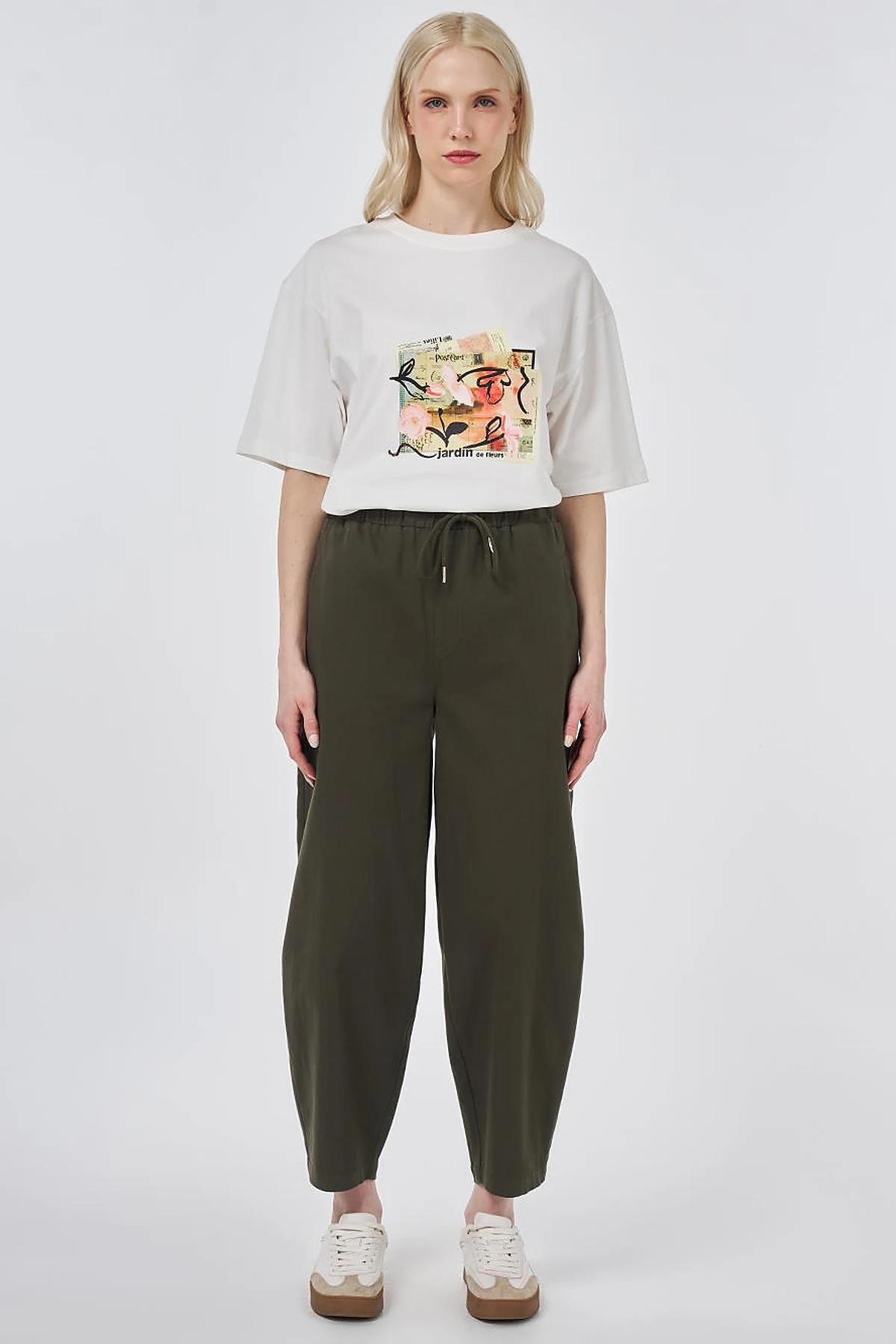 Elastic Waist Carrot Fit Trousers Dark Khaki