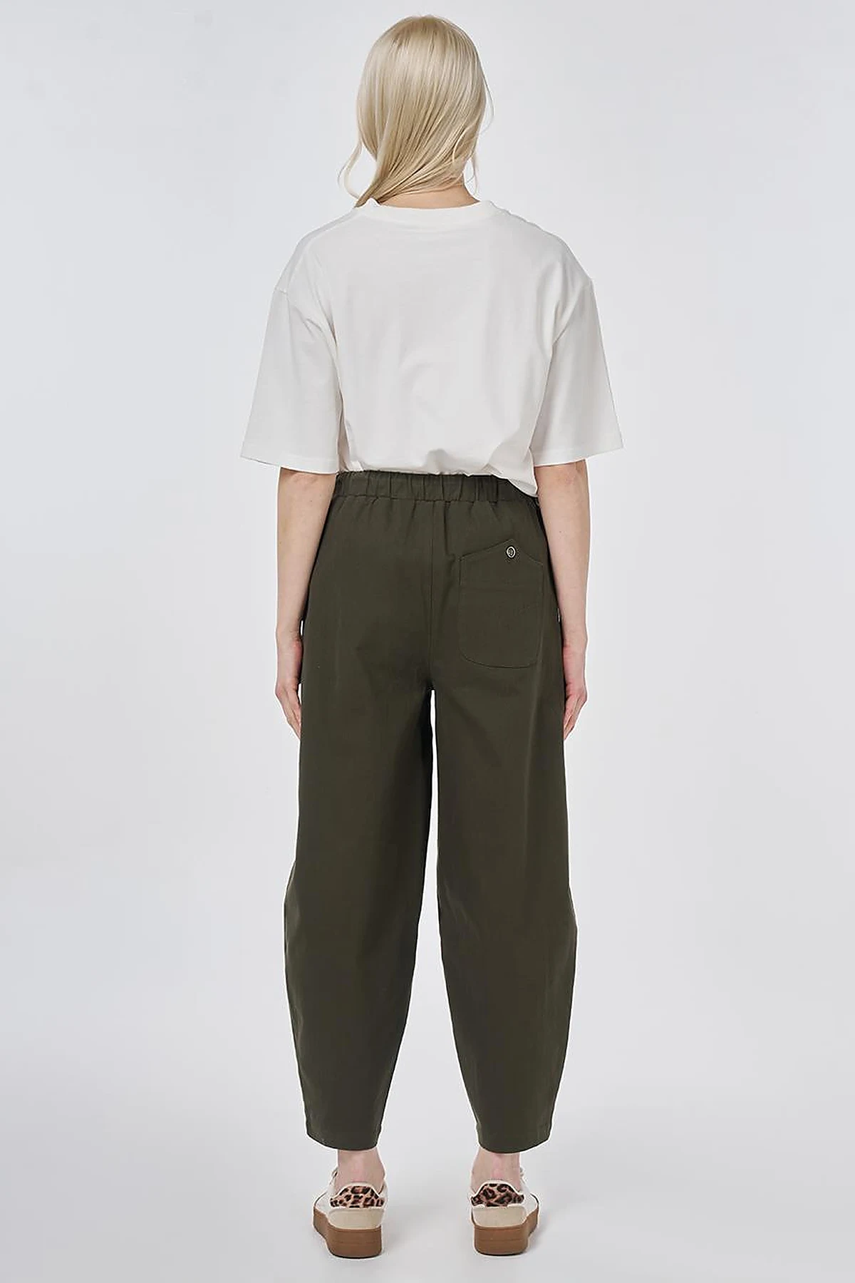 Elastic Waist Carrot Fit Trousers Dark Khaki