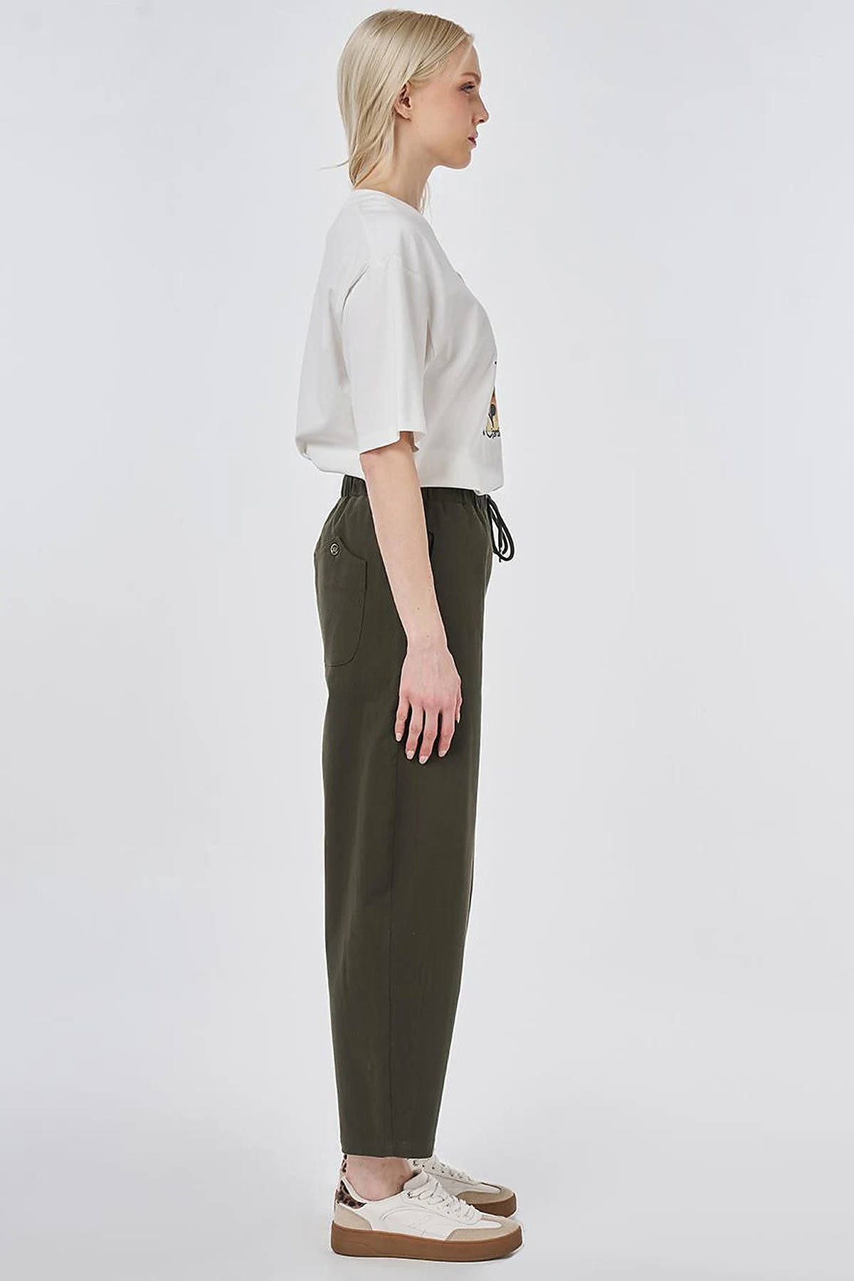 Elastic Waist Carrot Fit Trousers Dark Khaki