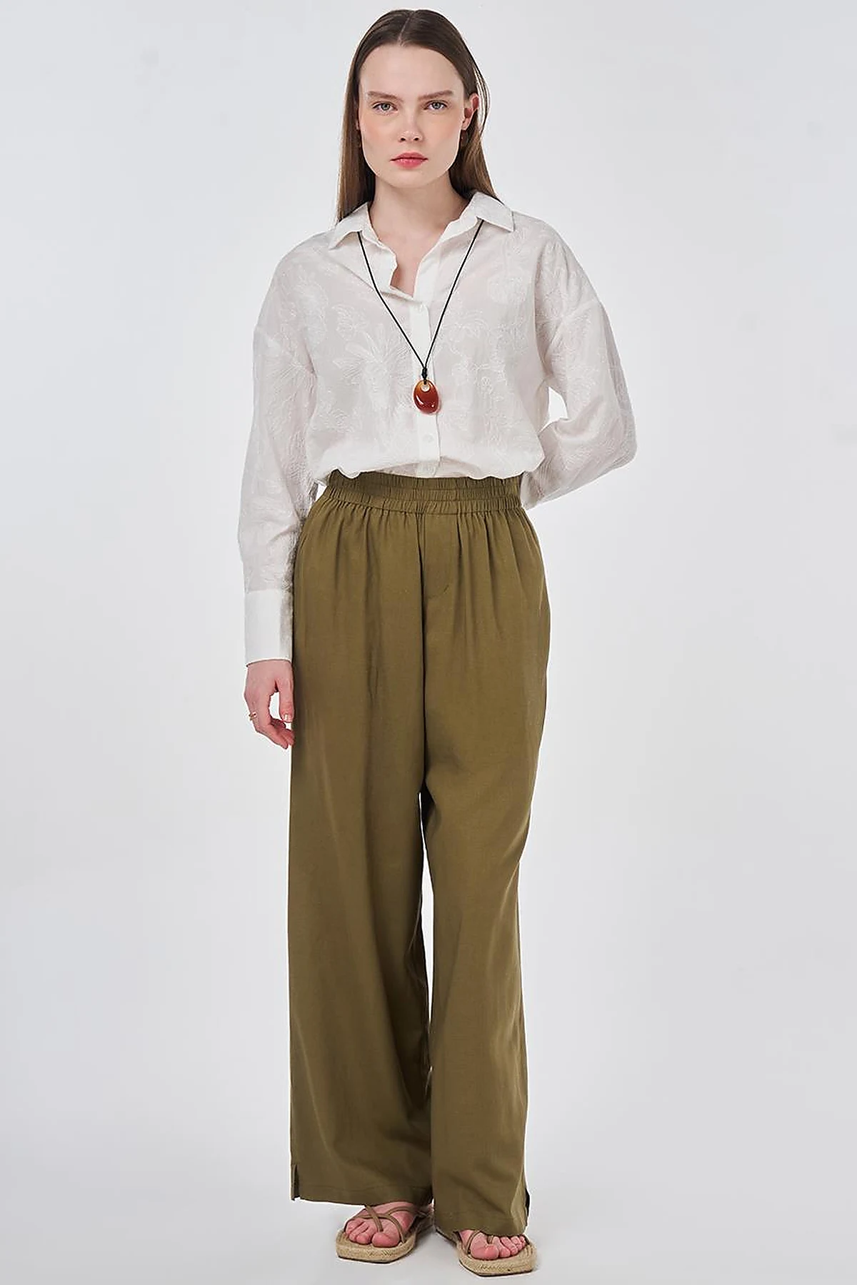 Elastic Waist Linen Trousers Khaki